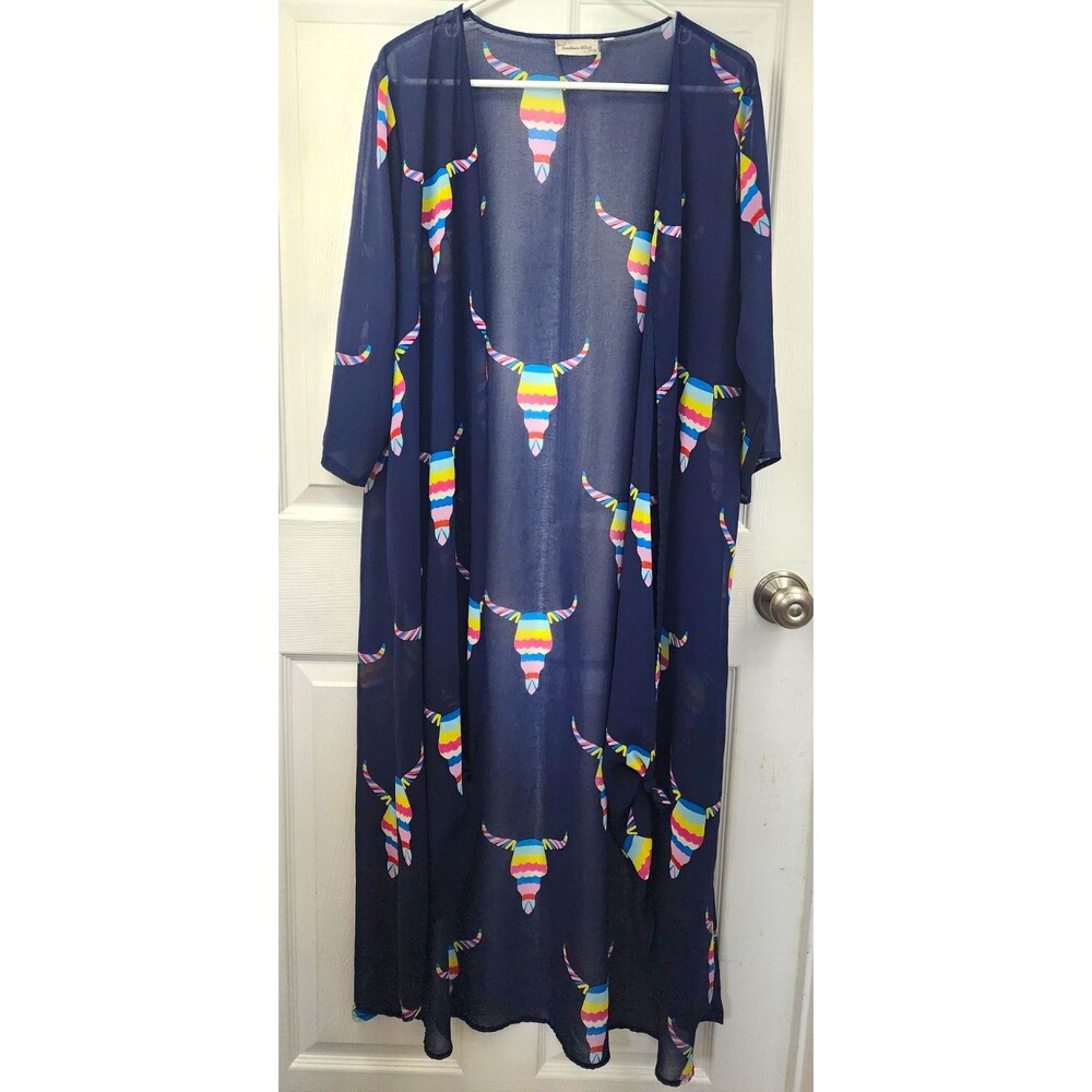Southern Stitch Women's L Open Front 3/4 Sleeve Bull Skull Print Kimono